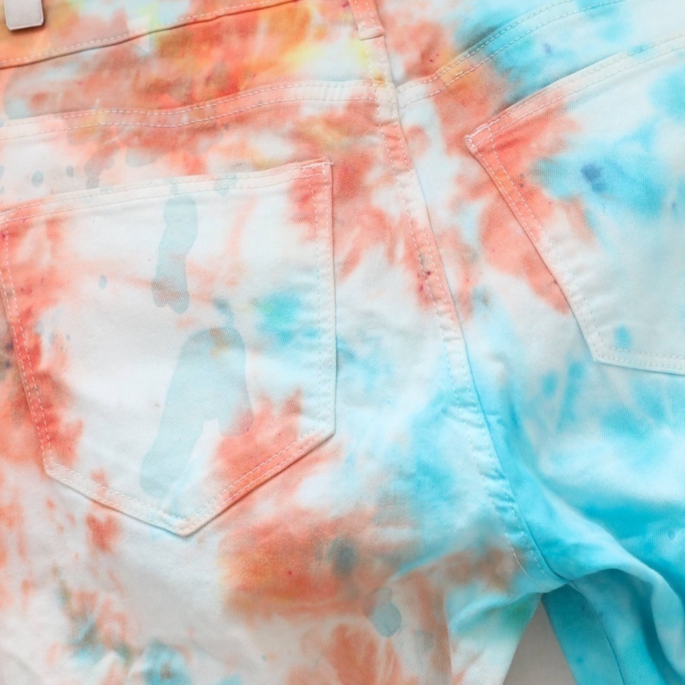 H&M tie dye skinny ankle jeans blue orange asymmetrical 30 rave festival fun - Picture 8 of 9
